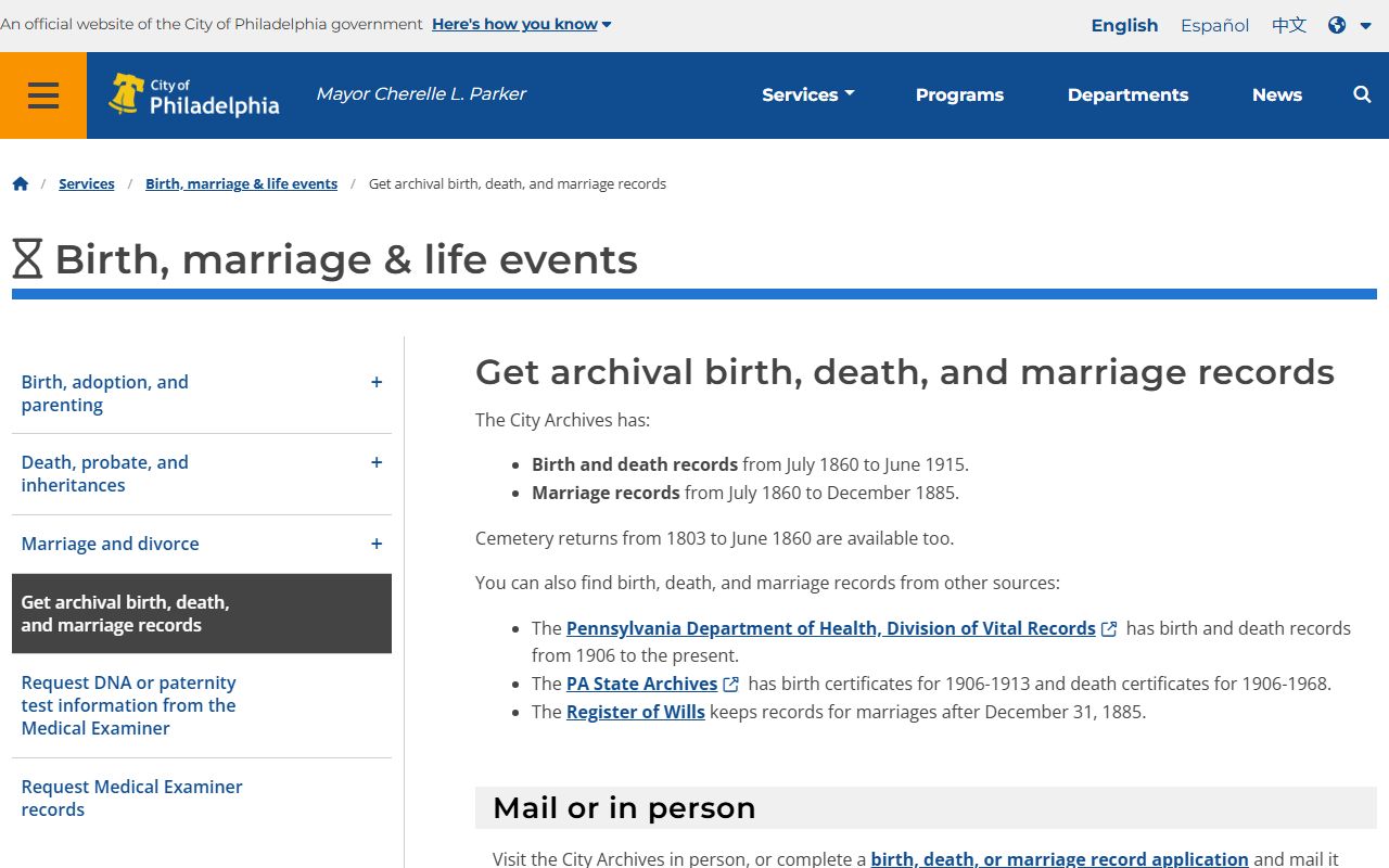 Pennsylvania Department of Health Division of Vital Records obituary death certificate ordering page